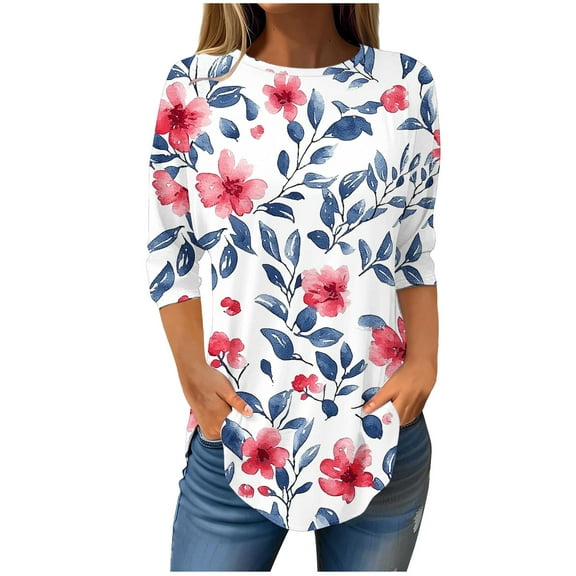 CYMMPU 3/4 Sleeve Blouses for Women Dressy Casual Floral Printed Fall Fashion Shirts Loose Fit Tunic Tops Crew Neck Spring Tops Empire Waist A Line T-Shirts M