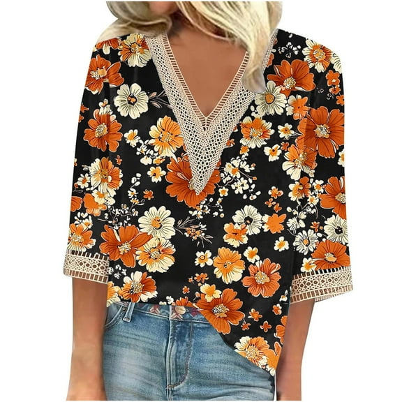 CYMMPU 3/4 Sleeve Blouses for Women Dressy Casual Floral Printed Summer Fashion Shirts Loose Fit Tunic Tops Spring Tops Lace V Neck Business Elegant Work Topss Orange XL