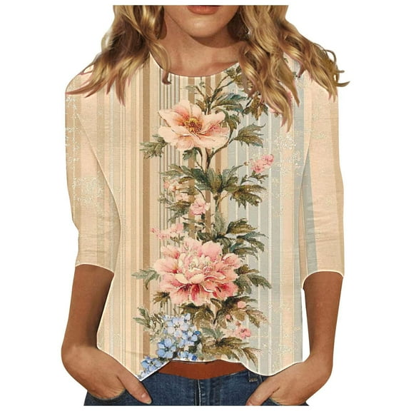 CYMMPU 3/4 Sleeve Blouses for Women Dressy Casual Floral Printed Summer Fashion Shirts Tunic Tops Crew Neck Loose Fit Spring Tops Lightweight Basic T-Shirts Pink S