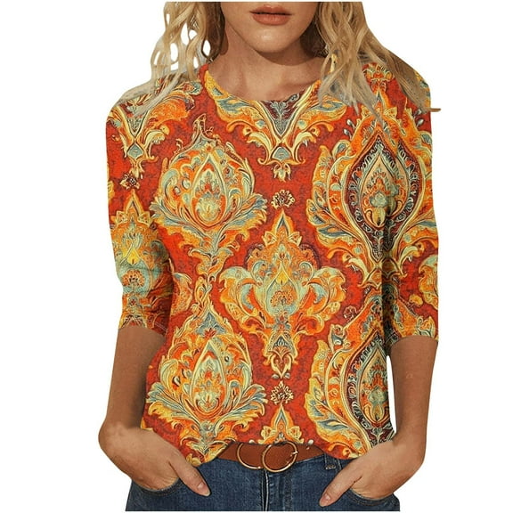 CYMMPU 3/4 Sleeve Blouses for Women Dressy Casual Floral Printed Tunic Tops Fall Fashion Shirts Loose Fit Crew Neck Spring Tops Lightweight Basic T-Shirts Multicolor XXL