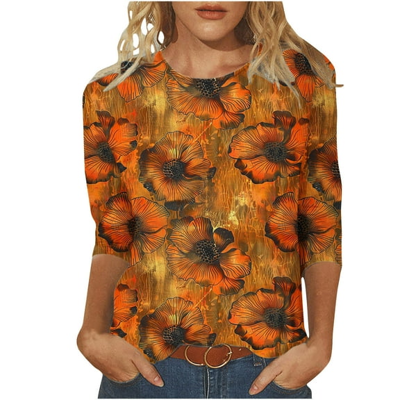 CYMMPU 3/4 Sleeve Blouses for Women Dressy Casual Flower Pattern Fall Fashion Shirts Tunic Tops Loose Fit Crew Neck Spring Tops Lightweight Basic T-Shirts Multicolor XXL