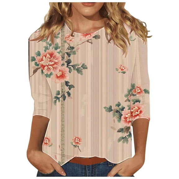 CYMMPU 3/4 Sleeve Blouses for Women Dressy Casual Flower Pattern Fall Trendy Shirts Tunic Tops Spring Tops Round Neck Loose Fit Lightweight Basic Tees Pink XL