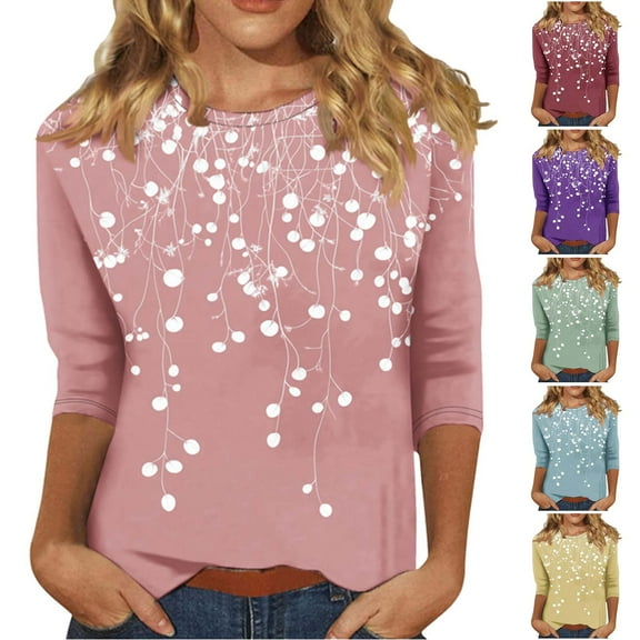 CYMMPU 3/4 Sleeve Blouses for Women Dressy Casual Flower Pattern Loose Fit Spring Tops Summer Trendy Shirts Tunic Tops Crew Neck Lightweight Basic Tees Light Blue L