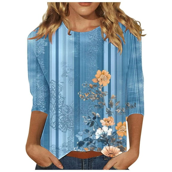 CYMMPU 3/4 Sleeve Blouses for Women Dressy Casual Flower Printed Fall Trendy Shirts Round Neck Loose Fit Tunic Tops Spring Tops Lightweight Basic Tees Blue XXL