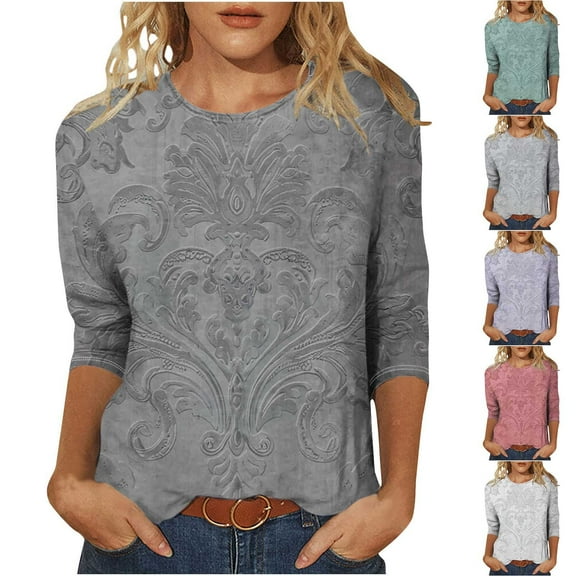 CYMMPU 3/4 Sleeve Blouses for Women Dressy Casual Flower Printed Loose Fit Spring Tops Round Neck Summer Fashion Shirts Tunic Tops Lightweight Basic T-Shirts Black XXXXXL