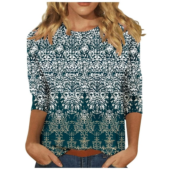 CYMMPU 3/4 Sleeve Blouses for Women Dressy Casual Geometric Printed Loose Fit Round Neck Summer Trendy Shirts Spring Tops T-Shirts Western T-Shirts XXXXXL