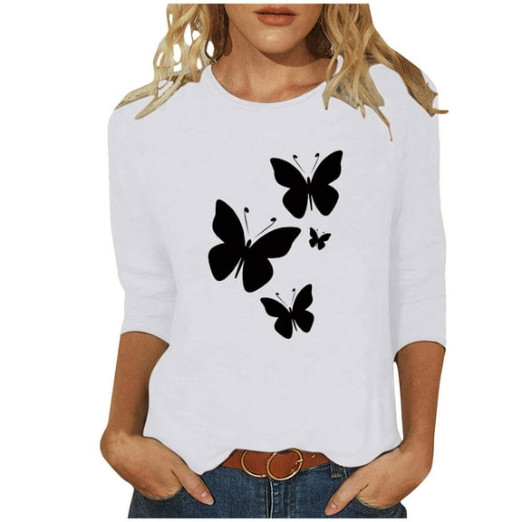 CYMMPU 3/4 Sleeve Blouses for Women Dressy Casual Loose Fit Crew Neck T-Shirts Summer Fashion Shirts Spring Tops Floral Pattern Lightweight Basic T-Shirts White XXXXL