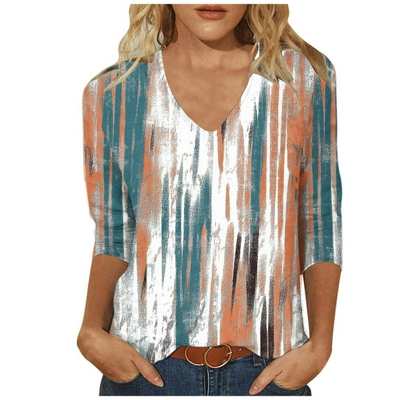 CYMMPU 3/4 Sleeve Blouses for Women Dressy Casual Loose Fit Fall Fashion Shirts Spring Tops V Neck Floral Pattern Tunic Tops Business Elegant Work Topss Multicolor L