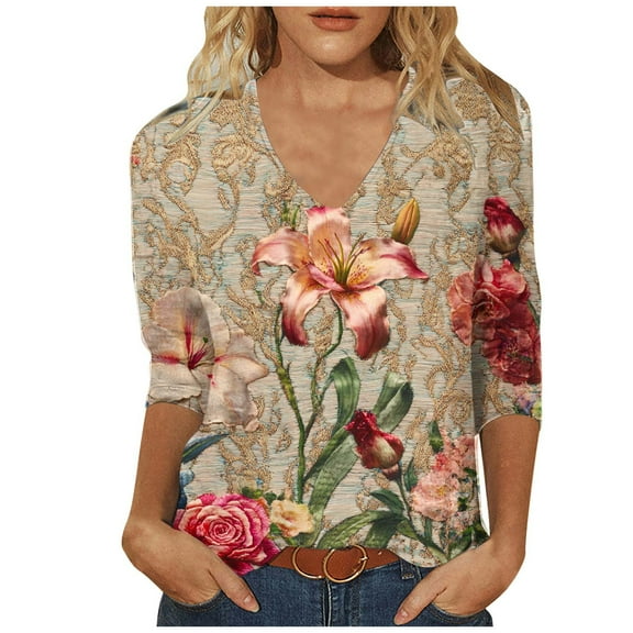 CYMMPU 3/4 Sleeve Blouses for Women Dressy Casual Loose Fit Fall Trendy Shirts T-Shirts Floral Printed V Neck Spring Tops Business Elegant Work Tops T-Shirts Multicolor M
