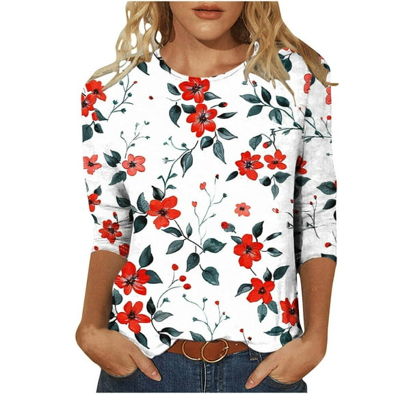 CYMMPU 3/4 Sleeve Blouses for Women Dressy Casual Loose Fit Flower Printed Summer Fashion Shirts Spring Tops T-Shirts Round Neck Lightweight Basic T-Shirts Multicolor S