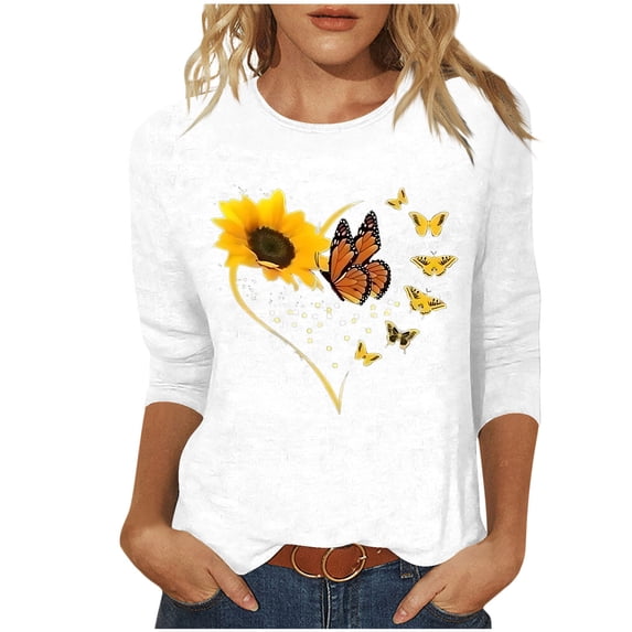 CYMMPU 3/4 Sleeve Blouses for Women Dressy Casual Loose Fit Spring Tops Flower Printed Fall Trendy Shirts Tunic Tops Crew Neck Lightweight Basic Tees XXL