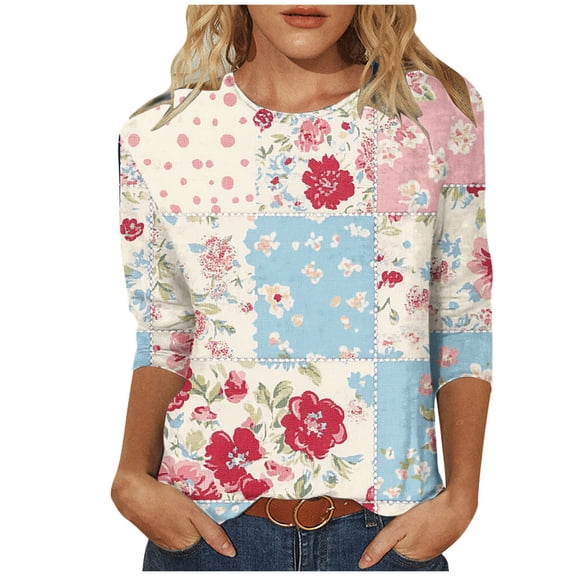 CYMMPU 3/4 Sleeve Blouses for Women Dressy Casual Loose Fit Spring Tops Round Neck Flower Pattern Fall Trendy Shirts Tunic Tops Lightweight Basic Tees Pink L