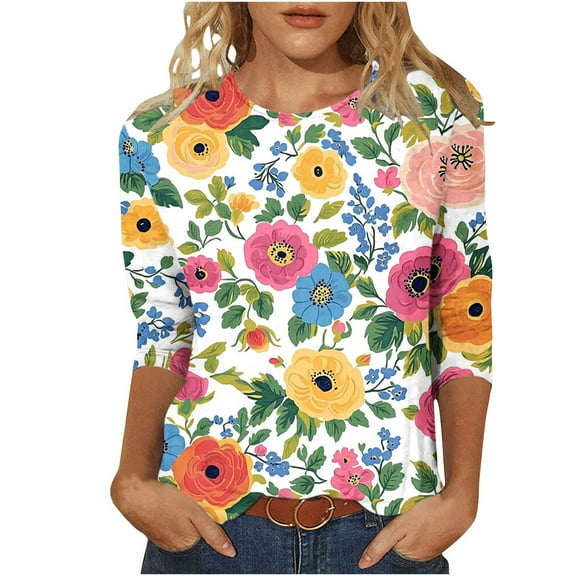 CYMMPU 3/4 Sleeve Blouses for Women Dressy Casual Round Neck Flower Printed Loose Fit Spring Tunic Tops Fall Trendy Shirts Lightweight Basic Tees Multicolor XXL