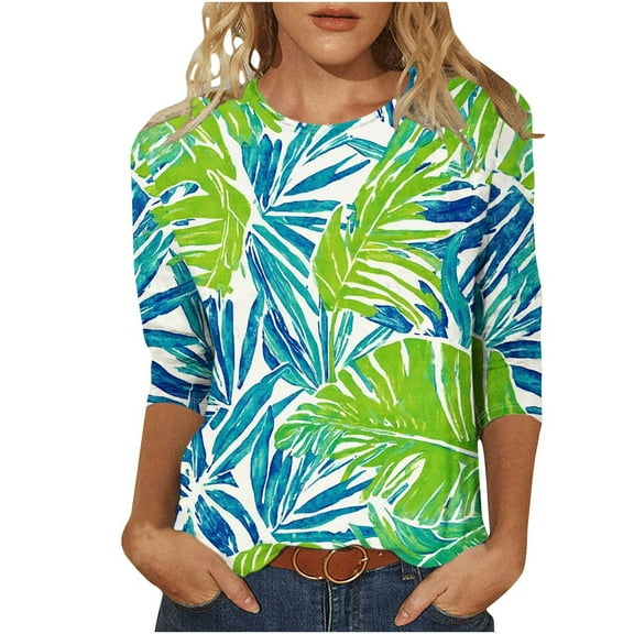 CYMMPU 3/4 Sleeve Blouses for Women Dressy Casual Round Neck Flower Printed Loose Fit Summer Trendy Shirts Spring Tunic Tops Lightweight Basic Tees Multicolor XXXL