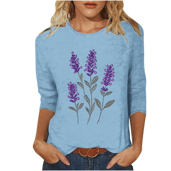 CYMMPU 3/4 Sleeve Blouses for Women Dressy Casual Round Neck Loose Fit Flower Printed Tunic Tops Fall Fashion Shirts Spring Tops Lightweight Basic T-Shirts Light Blue XXL