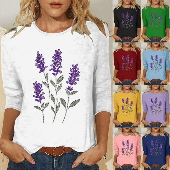 CYMMPU 3/4 Sleeve Blouses for Women Dressy Casual Round Neck Loose Fit Flower Printed Tunic Tops Spring Tops Summer Trendy Shirts Lightweight Basic Tees Pink S