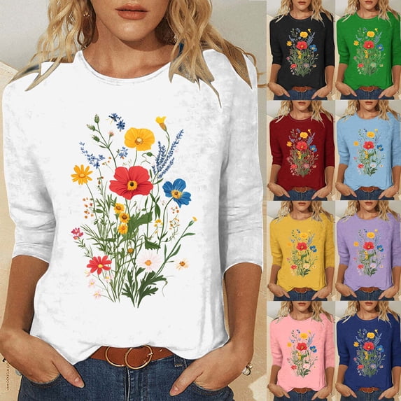 CYMMPU 3/4 Sleeve Blouses for Women Dressy Casual Round Neck Loose Fit Spring Tops T-Shirts Flower Pattern Fall Fashion Shirts Lightweight Basic T-Shirts Green L