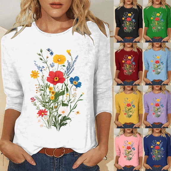 CYMMPU 3/4 Sleeve Blouses for Women Dressy Casual Round Neck Loose Fit Spring Tops T-Shirts Flower Pattern Fall Fashion Shirts Lightweight Basic T-Shirts Green L