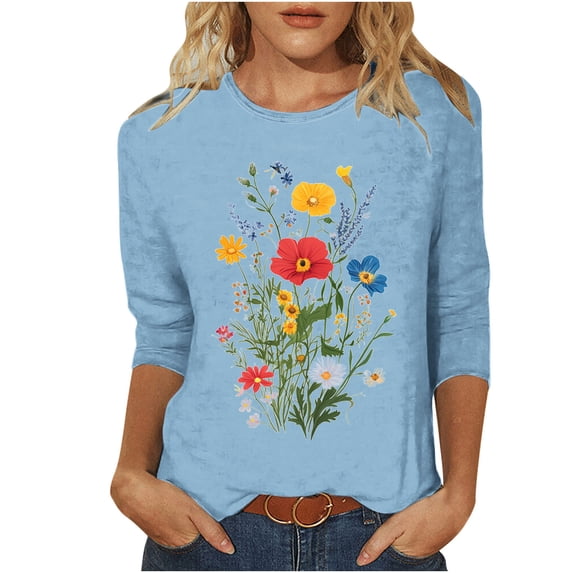 CYMMPU 3/4 Sleeve Blouses for Women Dressy Casual Round Neck Loose Fit Spring Tunic Tops Summer Trendy Shirts Flower Pattern Lightweight Basic Tees Light Blue M