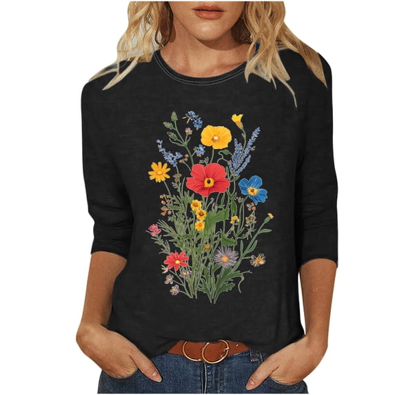 CYMMPU 3/4 Sleeve Blouses for Women Dressy Casual Round Neck Loose Fit Summer Fashion Shirts Spring Tops Flower Pattern Tunic Tops Lightweight Basic T-Shirts Black S