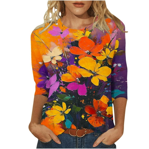 CYMMPU 3/4 Sleeve Blouses for Women Dressy Casual Round Neck Spring Tops Loose Fit Fall Fashion Shirts T-Shirts Floral Pattern Lightweight Basic T-Shirts Multicolor XXL