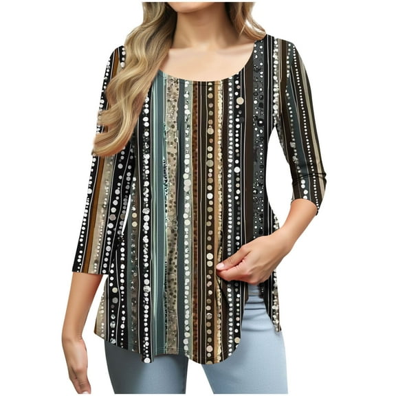 CYMMPU 3/4 Sleeve Blouses for Women Dressy Casual Scoop Neck Fall Trendy Shirts Loose Fit Spring Tunic Tops Flower Printed A-line Pleated Tops T-Shirts Brown M