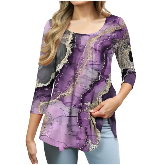 CYMMPU 3/4 Sleeve Blouses for Women Dressy Casual Scoop Neck Spring Tunic Tops Tie Dye Ombre Loose Fit Summer Trendy Shirts A-line Pleated Tops T-Shirts Purple S
