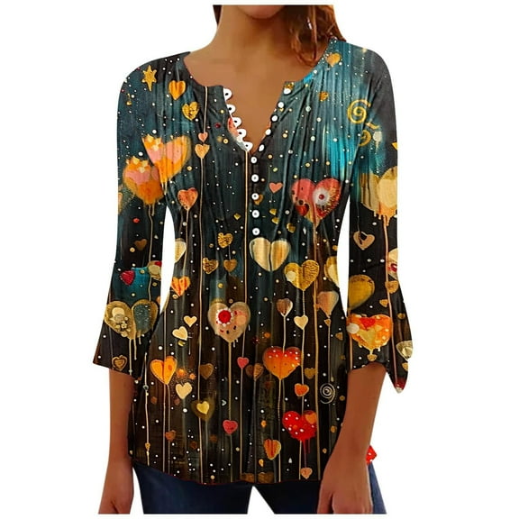 CYMMPU 3/4 Sleeve Blouses for Women Dressy Casual Spring Tops Button V Neck Flare Sleeve Tunic Tops Fall Fashion Shirts Floral Printed Loose Fit Empire Waist A Line T-Shirts Multicolor M