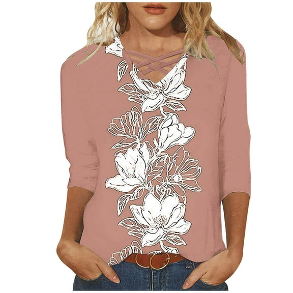 CYMMPU 3/4 Sleeve Blouses for Women Dressy Casual Spring Tops Fall Fashion Shirts Loose Fit Flower Pattern V Neck Tunic Tops Business Elegant Work Topss L