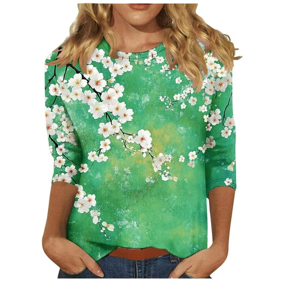 CYMMPU 3/4 Sleeve Blouses for Women Dressy Casual Spring Tops Fall Trendy Shirts Tunic Tops Flower Pattern Crew Neck Loose Fit Lightweight Basic Tees Multicolor XL