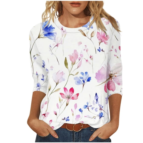CYMMPU 3/4 Sleeve Blouses for Women Dressy Casual Spring Tops Flower Pattern Fall Trendy Shirts Crew Neck Tunic Tops Loose Fit Lightweight Basic Tees S