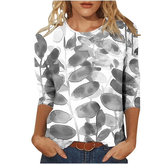 CYMMPU 3/4 Sleeve Blouses for Women Dressy Casual Spring Tops Flower Pattern Loose Fit Round Neck Summer Trendy Shirts Tunic Tops Lightweight Basic Tees Gray L