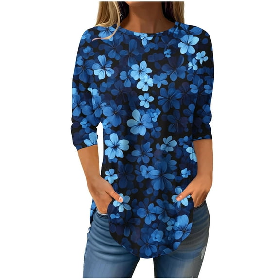 CYMMPU 3/4 Sleeve Blouses for Women Dressy Casual Spring Tops Loose Fit Flower Printed Round Neck T-Shirts Fall Fashion Shirts Hide Low Hem Plus Size T-Shirts S