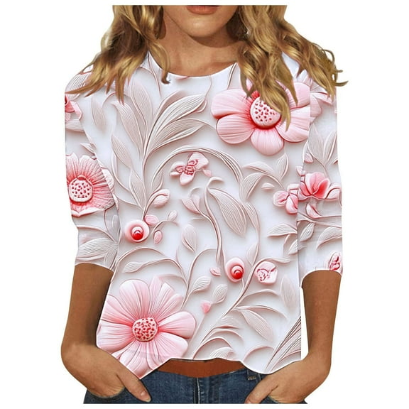 CYMMPU 3/4 Sleeve Blouses for Women Dressy Casual Spring Tops Loose Fit Tunic Tops Summer Trendy Shirts Flower Pattern Round Neck Lightweight Basic Tees Pink XXL