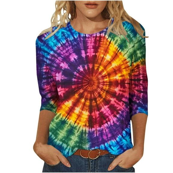 CYMMPU 3/4 Sleeve Blouses for Women Dressy Casual Spring Tops Round Neck Fall Trendy Shirts Tie Dye Ombre Tunic Tops Loose Fit Lightweight Basic Tees Multicolor S