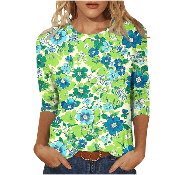 CYMMPU 3/4 Sleeve Blouses for Women Dressy Casual Spring Tops T-Shirts Flower Pattern Loose Fit Round Neck Fall Trendy Shirts Lightweight Basic Tees Multicolor XXXL