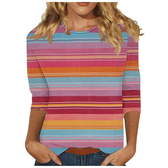 CYMMPU 3/4 Sleeve Blouses for Women Dressy Casual Striped Ombre Round Neck Fall Fashion Shirts Spring Tops T-Shirts Loose Fit Dye Tie T-Shirts Multicolor XL