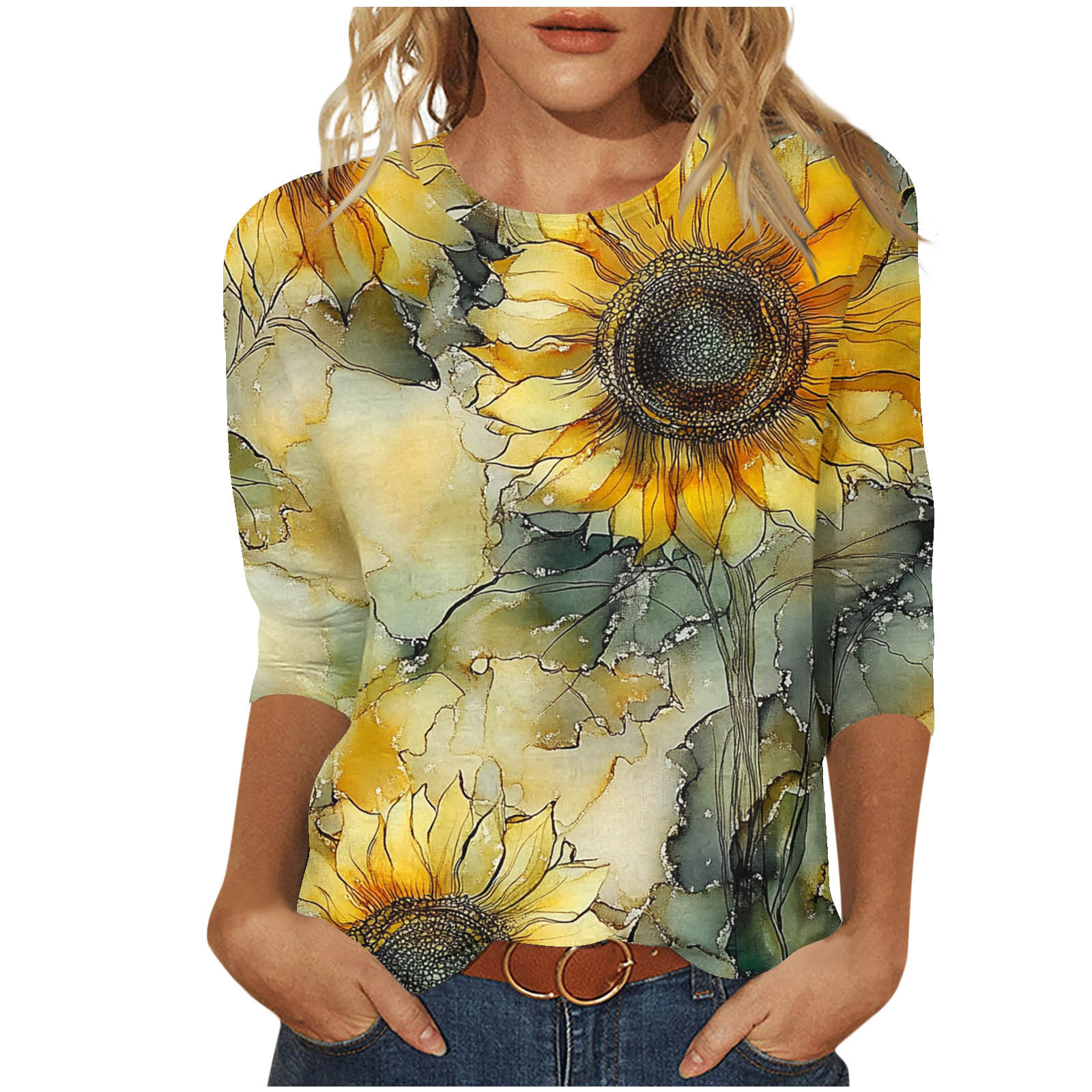 CYMMPU 3/4 Sleeve Blouses for Women Dressy Casual Summer Fashion Shirts Floral Pattern Loose Fit Tunic Tops Spring Tops Round Neck Lightweight Basic T-Shirts XXXXL