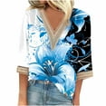 thumbnail image 1 of CYMMPU 3/4 Sleeve Blouses for Women Dressy Casual Summer Fashion Shirts Loose Fit Floral Printed Lace V Neck Spring Topss Business Elegant Work Topss Navy M, 1 of 4
