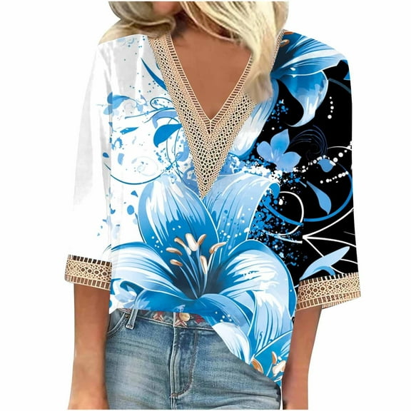 CYMMPU 3/4 Sleeve Blouses for Women Dressy Casual Summer Fashion Shirts Loose Fit Floral Printed Lace V Neck Spring Topss Business Elegant Work Topss Navy M