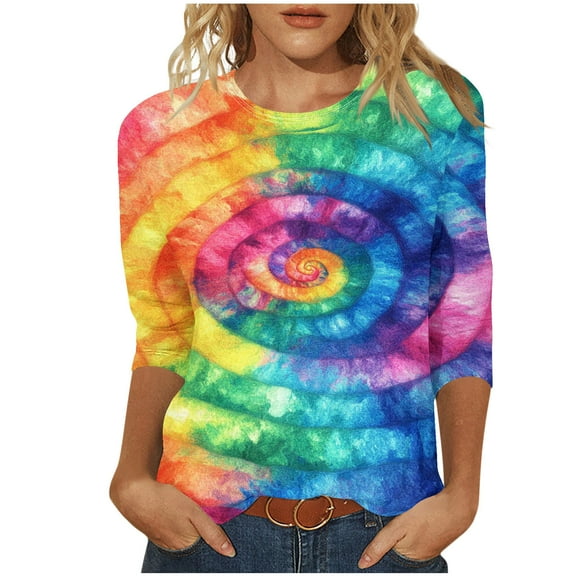 CYMMPU 3/4 Sleeve Blouses for Women Dressy Casual Summer Fashion Shirts Spring Tops Crew Neck Loose Fit Flower Printed Tunic Tops Lightweight Basic T-Shirts Multicolor XXL