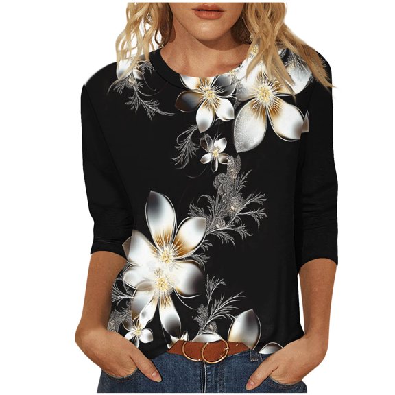 CYMMPU 3/4 Sleeve Blouses for Women Dressy Casual Summer Trendy Shirts T-Shirts Crew Neck Spring Tops Loose Fit Floral Pattern Lightweight Basic Tees Black M
