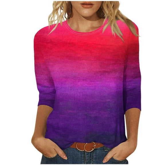 CYMMPU 3/4 Sleeve Blouses for Women Dressy Casual T-Shirts Fall Trendy Shirts Spring Tops Floral Printed Round Neck Loose Fit Lightweight Basic Tees Hot Pink S