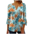 thumbnail image 1 of CYMMPU 3/4 Sleeve Blouses for Women Dressy Casual T-Shirts Spring Tops Loose Fit Button V Neck Flare Sleeve Summer Trendy Shirts Floral Printed Pleated Dressy T-Shirts 16, 1 of 5