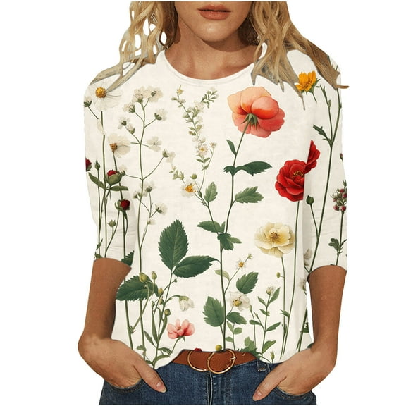 CYMMPU 3/4 Sleeve Blouses for Women Dressy Casual Tunic Tops Crew Neck Spring Tops Fall Fashion Shirts Flower Printed Loose Fit Lightweight Basic T-Shirts Multicolor XXL