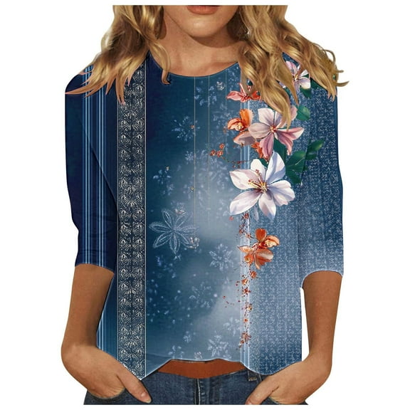 CYMMPU 3/4 Sleeve Blouses for Women Dressy Casual Tunic Tops Floral Printed Crew Neck Fall Fashion Shirts Spring Tops Loose Fit Lightweight Basic T-Shirts Navy XXL