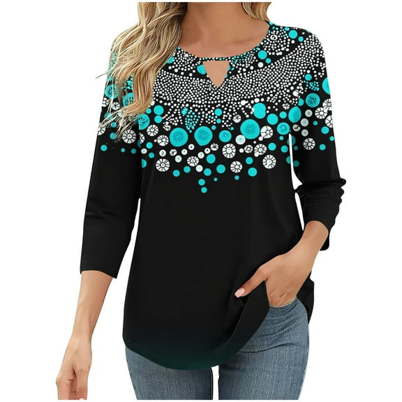 CYMMPU 3/4 Sleeve Blouses for Women Dressy Casual Tunic Tops Flower Printed Crew Neck Summer Fashion Shirts Loose Fit Spring Tops Lightweight Basic T-Shirts S