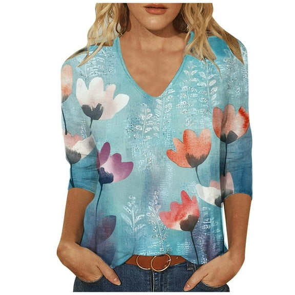 CYMMPU 3/4 Sleeve Blouses for Women Dressy Casual Tunic Tops Loose Fit Flower Pattern V Neck Spring Tops Summer Trendy Shirts Business Elegant Work Tops T-Shirts S