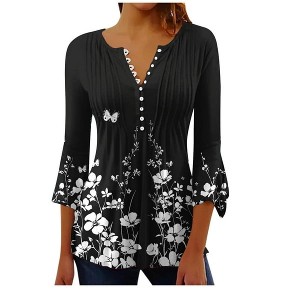CYMMPU 3/4 Sleeve Blouses for Women Dressy Casual Tunic Tops Loose Fit Spring Tops Fall Trendy Shirts Button V Neck Flare Sleeve Floral Pattern Pleated Dressy T-Shirts Multicolor S