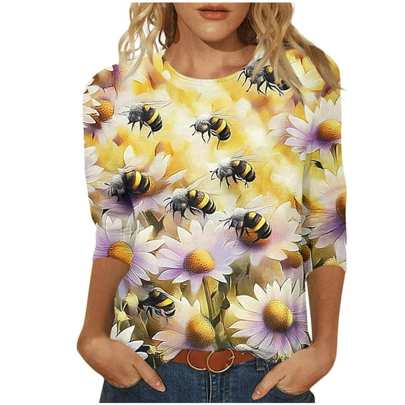 CYMMPU 3/4 Sleeve Blouses for Women Dressy Casual Tunic Tops Spring Tops Crew Neck Loose Fit Flower Printed Fall Fashion Shirts Lightweight Basic T-Shirts Yellow XXXXL